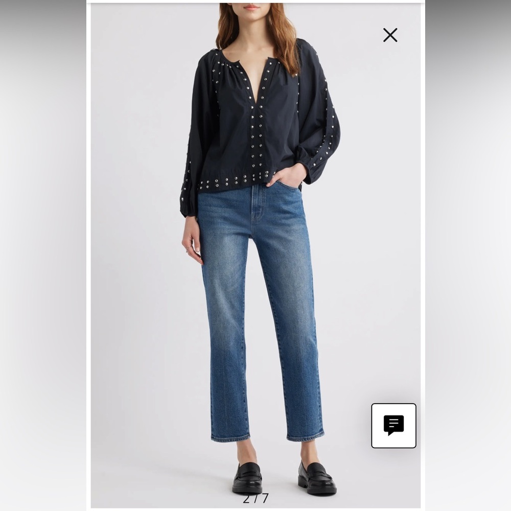 THE GREAT. Bodega Studded Black Cotton Poplin Top Size 2 / M